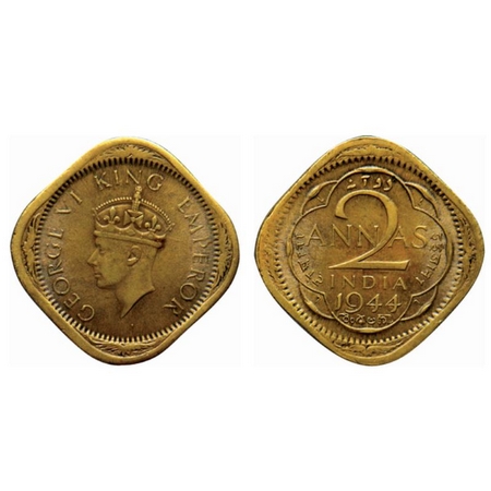 George VI, Brass Nickel 2 Annas, 1944 Lahore Mint, Type II, no dots by year. L raised in t
