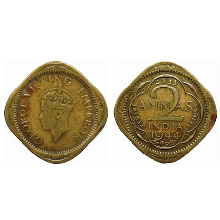 George VI, Brass Nickel 2 Annas, 1944, Lahore Mint, Type II, no dots by year, L raised fou