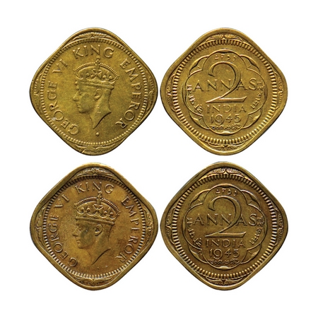 George VI, Brass Nickel 2 Annas (2 Coins), 1945 Calcutta Mint, Type II, no dots by year. G