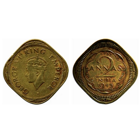 George VI, Brass Nickel 2 Annas, Calcutta Mint 1945, Type II, no dots by year. GK 1369. Ve