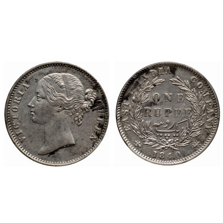 Victoria Queen, Silver Rupee, 1840, Divided Legend, Calcutta Mint. W.W. raised, 28 Berries