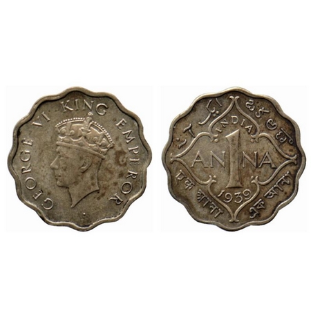 George VI, Copper Nickel 1 Anna, 1939, Calcutta Mint, Type I, no dot. GK 1381. About Very 
