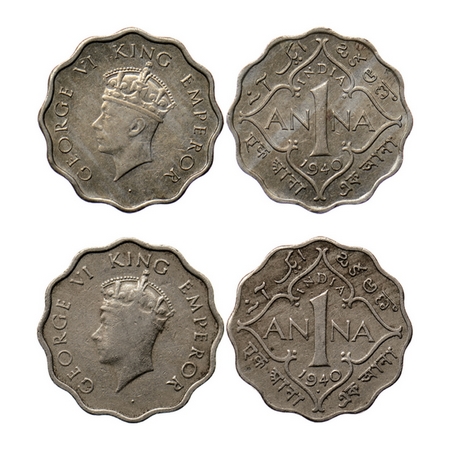 George VI, Copper Nickel 1 Anna (2 Coins), 1940, Type I, Bombay & Type I Calcutta Mint. GK