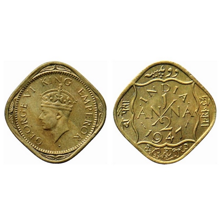 George VI, Copper Nickel 1 Anna, Bombay Mint 1947, dots by INDIA, dash - dot - dash. GK 14