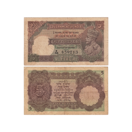 British India, George V, 5 Rupees, (1934). Signed by J.W.Kelly, Serial No R 58 459213, pin