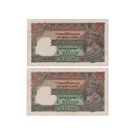 British India, George V, 5 Rupees, (1934). Signed by J.W.Kelly, Serial No S 6 855439, pin 