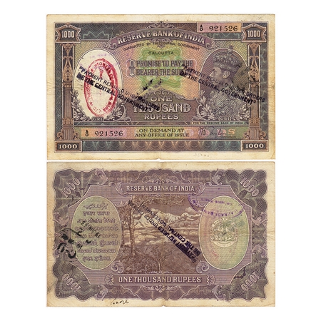 British India, George VI, 1000 Rupees, (1938). Calcutta, Signed by J.B Taylor, black Seria