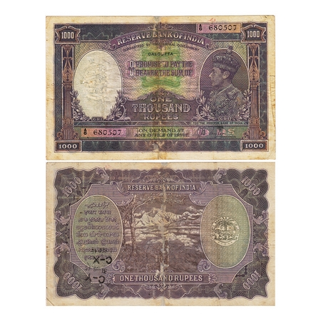 British India, George VI, 1000 Rupees, (1938). Calcutta, Signed by J.B Taylor, black Seria