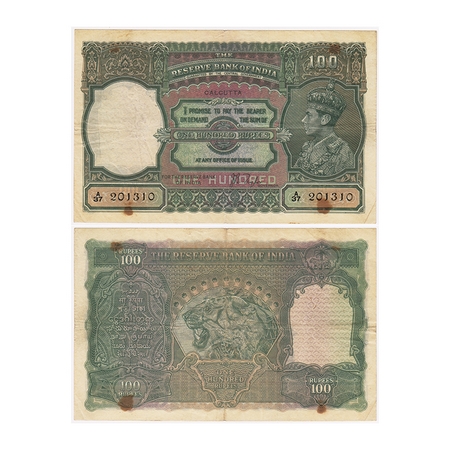 British India, George VI, 100 Rupees, (1938). Calcutta, Signed by J.B Taylor, black Serial