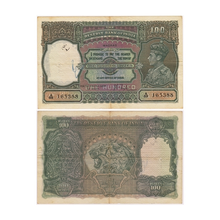 British India, George VI, 100 Rupees, (1938). Madras, Signed by J.B Taylor, black Serial N