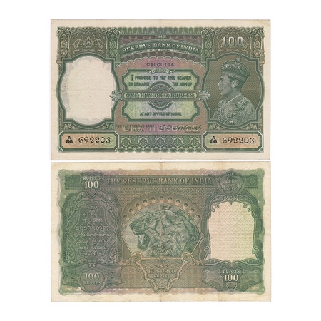 British India, George VI, 100 Rupees, (1938). Calcutta, Signed by C.D Deshmukh, black Seri