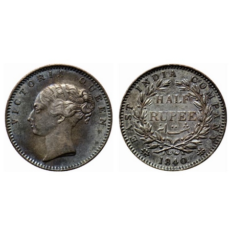 Victoria Queen, Silver ½ Rupee, 1840, Continuos Legend, Bombay Mint, A/1, (9L + 10R Berrie