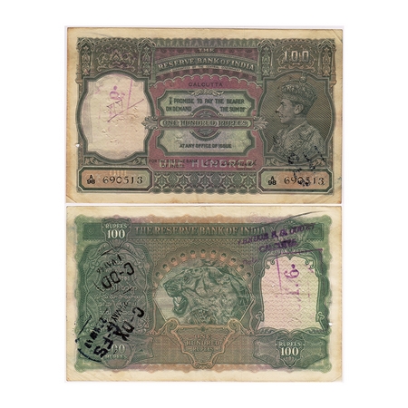 British India, George VI, 100 Rupees, (1938). Calcutta, Signed by C.D Deshmukh, black Seri
