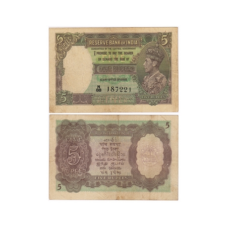 British India, George VI, 5 Rupees, (1944 AD issue) Signed by C.D Deshmukh, Serial No N 88