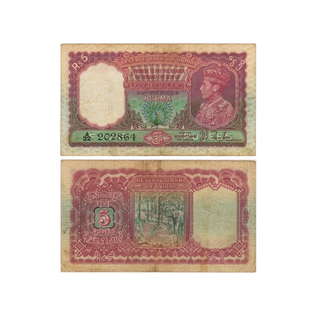 British India, Burma, George VI, 5 Rupees, (1938 AD issue) Signed by J.B Taylor, Black Ser