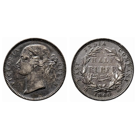 Victoria Queen, Silver ½ Rupee, 1840, Divided Legend, Calcutta Mint, .W.W incused at the t