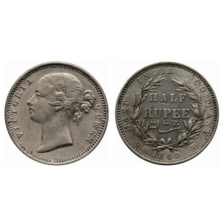 Victoria Queen, Silver ½ Rupee, 1840, Divided Legend, Madras Mint, B raised, W.W incused 2