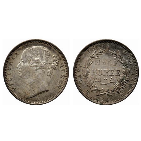 Victoria Queen, Silver ½ Rupee, 1840, Divided Legend, Madras Mint, B raised W.W. incused, 