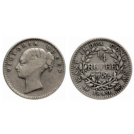 Victoria Queen, Silver ¼ Rupee, 1840, Continuous Legend, Calcutta Mint, A/I, (10L + 10R Be