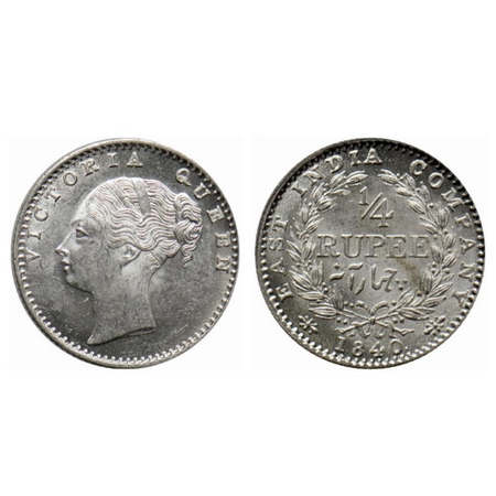 Victoria Queen, Silver ¼ Rupee, 1840, Continuous Legend, Calcutta Mint, C/II, Indian Head,