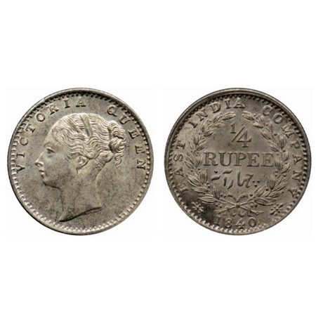 Victoria Queen, Silver ¼ Rupee, 1840, Continuous Legend, Calcutta Mint, C/II, Indian Head,