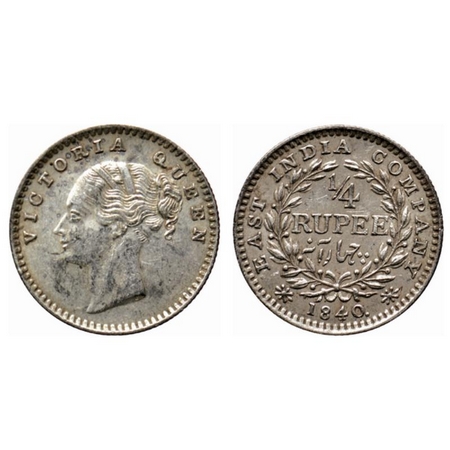 Victoria Queen, Silver ¼ Rupee, 1840, Continuos Legend, Madras Mint, A(a)/I, S incused at 