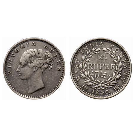 Victoria Queen, Silver ¼ Rupee, 1840, Continous Legend, Madras Mint, A(a)/I, S incused, 'V