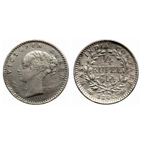 Victoria Queen, Silver ¼ Rupee, 1840, Continous Legend, Bombay Mint, A/I, few beg marks on