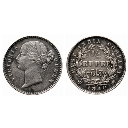 Victoria Queen, Silver ¼ Rupee, 1840, Divided Legend, Calcutta Mint, 10 berries (6 L + 4 R