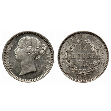 Victoria Queen, Silver ¼ Rupee, 1840, Divided Legend, Madras Mint, 10 Berries (6 L + 4 R),