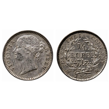 Victoria Queen, Silver ¼ Rupee, 1840, Divided Legend, Madras Mint, 10 berries (6 L + 4 R),