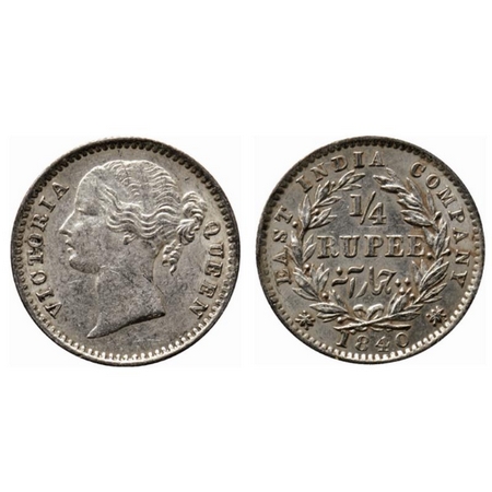 Victoria Queen, Silver ¼ Rupee, 1840, Divided Legend, Madras Mint, 10 berries (6 L + 4 R),
