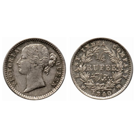 Victoria Queen, Silver ¼ Rupee, 1840, Divided Legend, Madras Mint, 10 berries (6 L + 4 R),