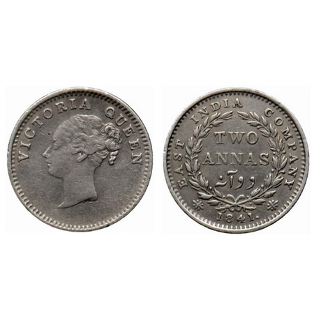 Victoria Queen, Silver 2 Annas, 1841, Continuous Legend, Madras Mint, A/I, S incused, 'V' 