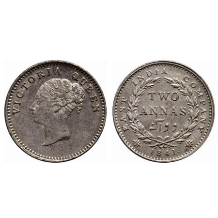 Victoria Queen, Silver 2 Annas, 1841, Continous Legend, Calcutta Mint, A(a)/I. GK 135. Abo