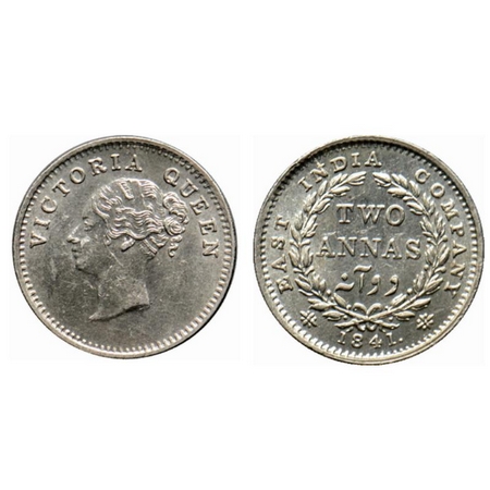 Victoria Queen, Silver 2 Annas, 1841, Continuous Legend, Madras Mint, A(a)/I, S incused, '