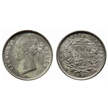 Victoria Queen, Silver 2 Annas, 1841, Divided Legend, Calcutta Mint, W.W. raised, (5L + 4R