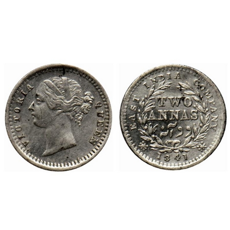 Victoria Queen, Silver 2 Annas, 1841, Divided Legend, Madras Mint, 'S' incused, W.W. raise