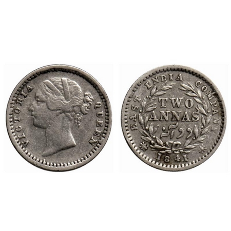 Victoria Queen, Silver 2 Annas, 1841, Divided Legend, Madras Mint, 'S' incused, W.W. raise