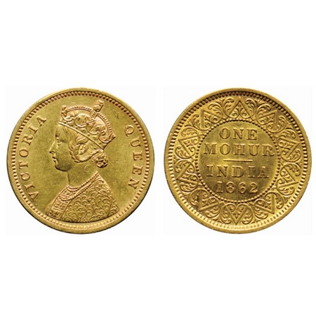 Victoria Queen, Gold Mohur, 1862, (Single flower in bottom panel of jabot). F.Prid. 1. Ext