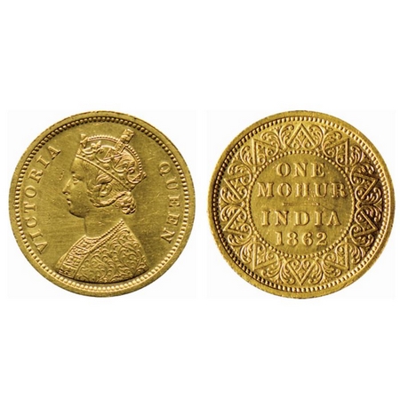 Victoria Queen, Gold Mohur, 1862, (Single flower in bottom panel of jabot). F.Prid. 1. Abo
