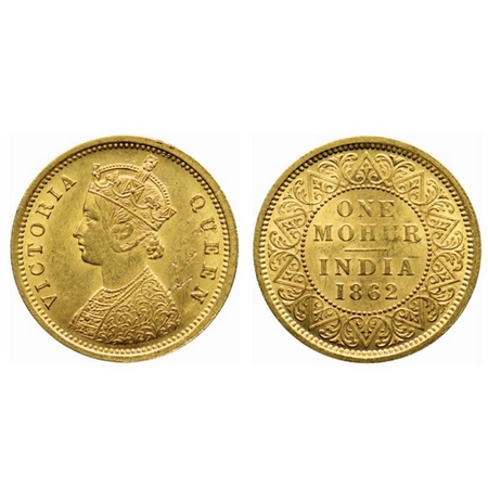 Victoria Queen, Gold Mohur, 1862, (two flower type & V in relief in centre of the bust on 