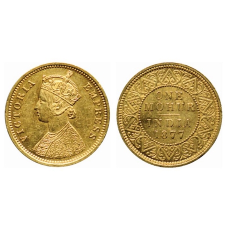 Victoria Empress, Gold Mohur, 1877, (Two flower type & V in relief). F.Prid. 14. About Ext