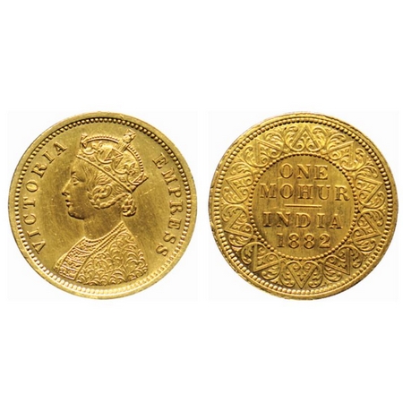 Victoria Empress, Gold Mohur, 1882, (Two flower type & V in relief and tiny letter C in re