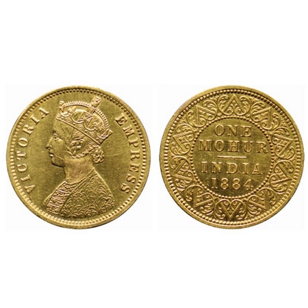 Victoria Empress, Gold Mohur, 1884, (Two flower type & V in relief). F.Prid. 20. Extremely