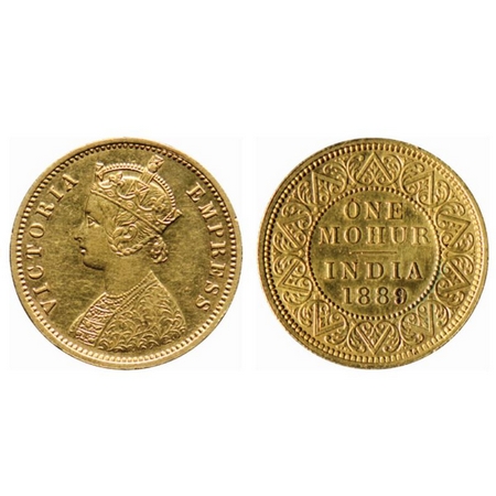 Victoria Empress, Gold Mohur, 1889, (Two flower type & V in relief). F.Prid. 23. Extremely