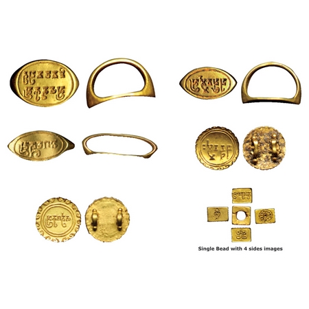 Gupta Period, A Collection of Gold Signet Ring, (3), Button (2) and Bead (1), an oval shap