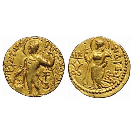 Guptas, Samudragupta, Gold Dinar, 7.75gm, Kacha Type, Obv: King standing to left, holding 