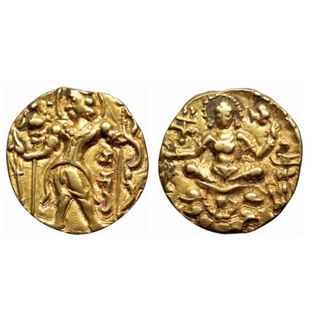 Guptas, Chandragupta II, Gold Dinar, 7.82gm, Archer Type, Obv: King nimbate, standing left