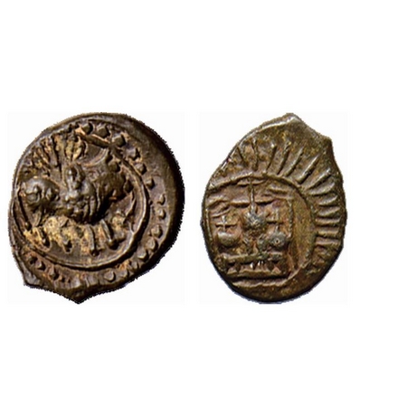 Post-Vakataka, Khandesh Region, Vishnukundin Type, Copper Base Alloy, 3.48gm, Obv: Bull wa